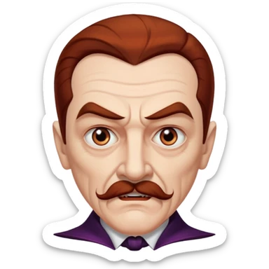 An elderly man with slicked-back reddish-brown hair, sharp brown eyes under heavy brows, and a white mustache, giving him a stern, Dracula-like appearance. sticker