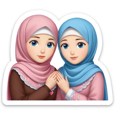 Two friendly sister Turkish girls beautiful finish Konya blue eyes with cherry blossom hijab and heart dress and hugs  sticker