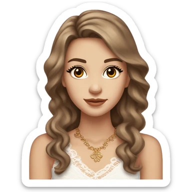 fair-skinned girl with dark brown, almond-shaped eyes and long lashes. long, light brown hair styled in a voluminous, wavy blowout. wearing a delicate white lace tank top and a dainty gold necklace, creating an elegant and feminine look. sticker