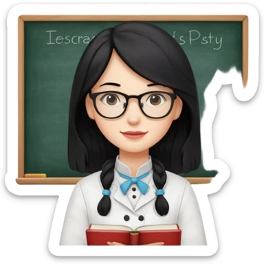 Profesora de pastelería, piel blanca con gafas y pelo negro largo y con una pizarra detrás y libros sticker