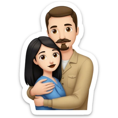 Tall white man with brown mustache goatee AND a short pale woman with long black hair, hugging sticker