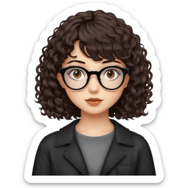 A girl with fair skin, brown eyes with black square glasses, eyeliner, shoulder length curly hair with bangs, with a grunge outfit  sticker