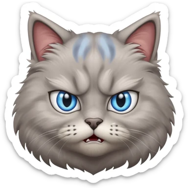angry grey cat blue small slanted eyes. iphone real emoji style, made the cat look challenging sticker