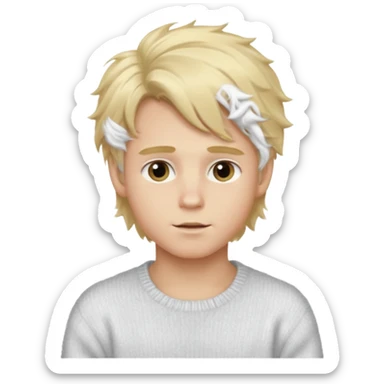 create-a-look-for-a-blond-boy-with-long-tousled-hair-light-eyes-a-white-sweat + fluffy white sweater + styled hair sticker
