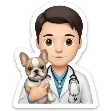 joven médico con el pelo un poco largo pero no tanto y lacio, que tenga un estetoscopio de color de tez negra que sostiene un bulldog francés blanco sticker