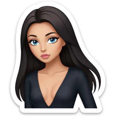 Glamours make-up, tanned, beautiful, girl, with blue eyes, big pump peach-beige-rose lips, eyeliner, long lashes, black straight smooth silky long hair, parting hair in the middle,  in black v-neck bodysuit long sleeves sticker