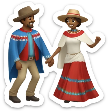 A couple of a man and a woman dancing a Chilean folk dance called cueca. The man wears a huaso hat and a square poncho with brown colors, and the woman wears a white dress with red and blue details. sticker