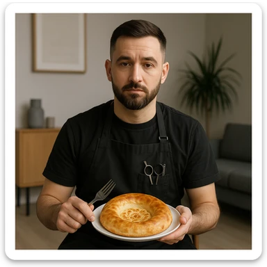 sartarosh xonada sal zamonaviy roq bulsin shunchaki tarelka v vilka ushlab utirsin tarelkada esa faqat uzbekcha non bulsin kayfiyati xam urtacha bulsin xursan bob ketmasin sticker