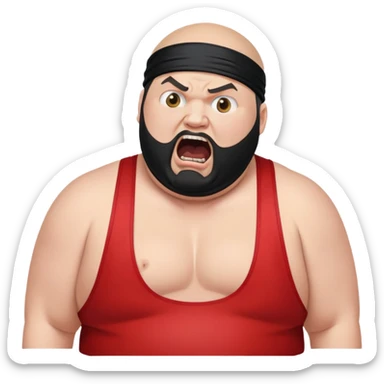 Extreme close-up of face of morbidly obese white skin guy with young face, prominent BLACK DURAG tied clearly on head, black beard but no mustache, clean shaven upper lip, black eyes in a red and black wrestling singlet with mouth wide open screaming angrily sticker