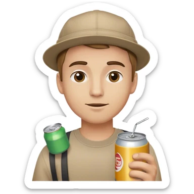 white guy with short light brown hair and eyebrows with backwards hat holding a can sticker