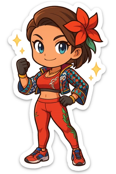 Azucena from Tekken 8 in chibi sticker style, with sparkles around her, proud pose, wearing the detailed red and patterned outfit from the reference images, designed for Twitch emote use. sticker