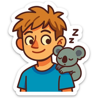 light brown messy haired boy with a very small sleepy koala on his shoulder, vibrant toon style sticker