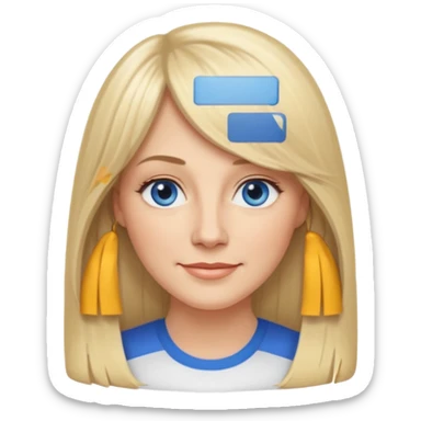 40 yr old white woman, curtain bangs, very long straight blond hair, oval face, small smile, blue eyes, thin oval face, hair down to elbows sticker