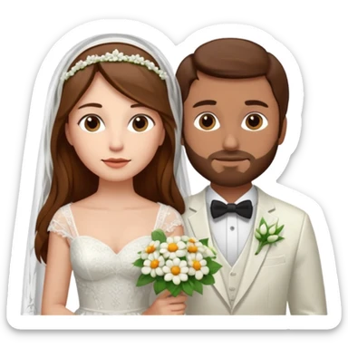 Woman with long brown hair and fair skin wearing a wedding dress and veil. And a man with short brown hair and fair skin wearing a white suit with a flower. sticker