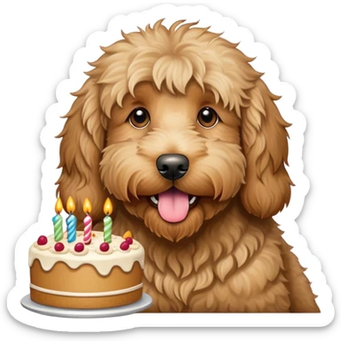 Shaggy large tan Goldendoodle eating birthday cake  sticker
