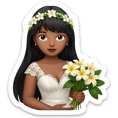 Latina girl with bangs black long hair plus size lace wedding dress with plumeria bouquet sticker