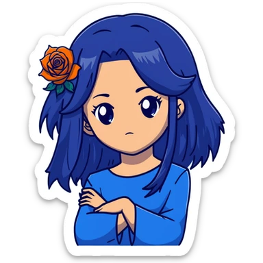 head portrait of anime girl with long dark blue hair, blue rose in hair, intense glaring blue eyes, dramatic JoJo's Bizarre Adventure style expression, sharp angular features, extreme close-up, dynamic pose sticker