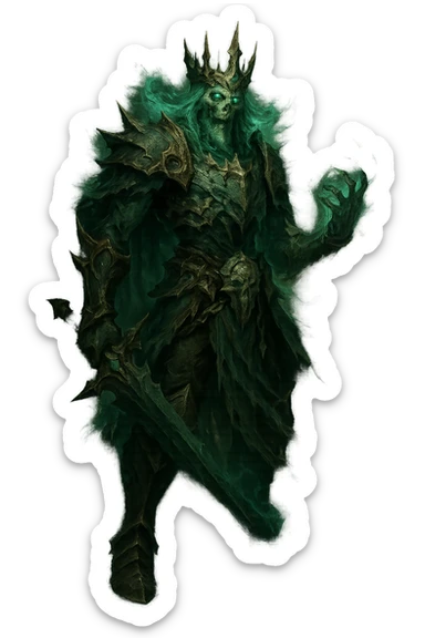 The Ruined King from League of Legends, detailed, wearing a jagged crown, ghostly green aura, fantasy character, full body, no text, emoji or icon style sticker