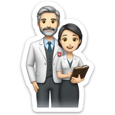 husband Canadian caucasian dark gray hair trimmed beard wearing business suit holding bible, wife asian age 55 dark hair nurse uniform, no children sticker