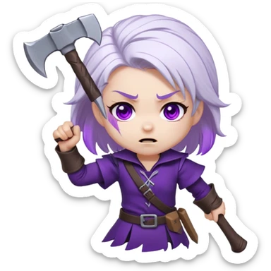 Chibi Sable Ward being hit on the head with a small axe, caught in the act look, white hair with purple streaks, fully purple eyes, dizzy expression sticker