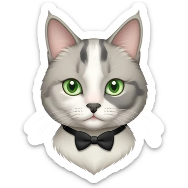 Gray and white  tuxedo cat medium hair with a a black nose and green eyes sticker
