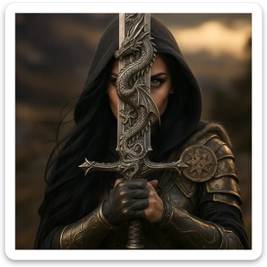 Add a detailed dragon motif to the sword, keeping a realistic metallic style. The dragon design should be intricately integrated on the hilt or blade, emphasizing realism and metallic texture. sticker