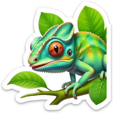 cinematic cute -baby chameleon-realistic emoji, mouth wide open with tongue out catching prey, -blending-with-vibrant-greenery.-detailed-scales-in-shifting-colors,-showing-the-chameleon’s-ability-to-camouflage.-soft-natural-light-highlights-its-texture.-light-background, zoomed into its face sticker
