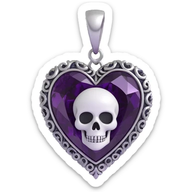 gothic heart, black velvet texture, silver skull charm, deep purple gemstone, ornate and dark sticker
