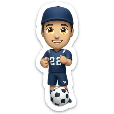 Caucasian guy with dark short hair wearing a Yale university hat holding a soccer ball and a MacBook computer sticker