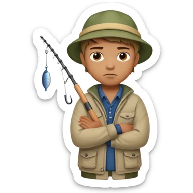 A boy with crossed arms, looking annoyed, dressed in fishing clothes. sticker