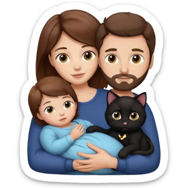 1 mom brown hair, 1 dad, 1 baby and 1 black cat sticker