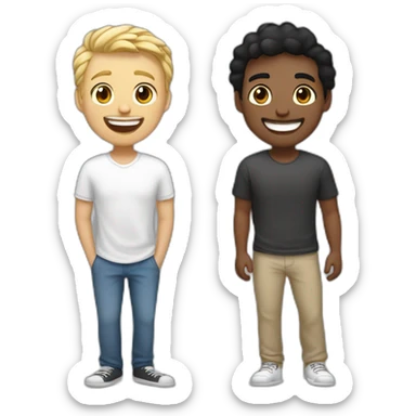 Gay couple, 1 guy Latino black straight hair and 1 Australian white guy with blonde slightly curly hair laughing full body. Also a cat sticker