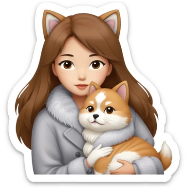 A Chinese fashion girl with brown hair, wearing a light gray fur coat, hugging a Shiba Inu and a long-haired white Persian cat. sticker