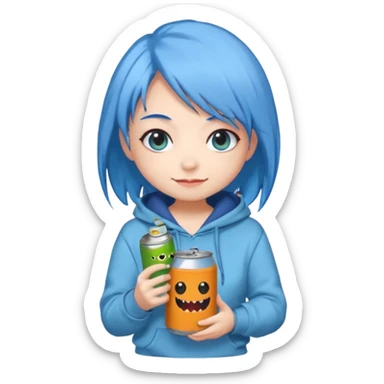 Chibi sticker of a woman with powder blue hair with white eyes hold a can of Monster with a smug smile; cozy style sticker
