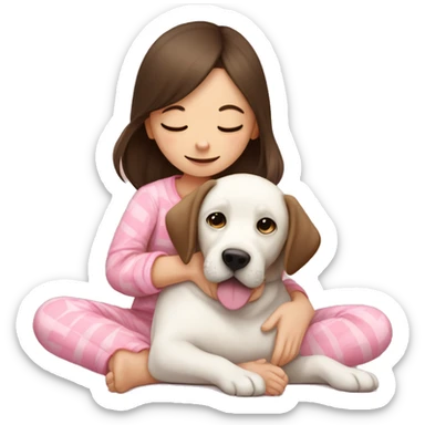 dark brown hair girl with pink Pyjama cuddling a white Labrador  sticker