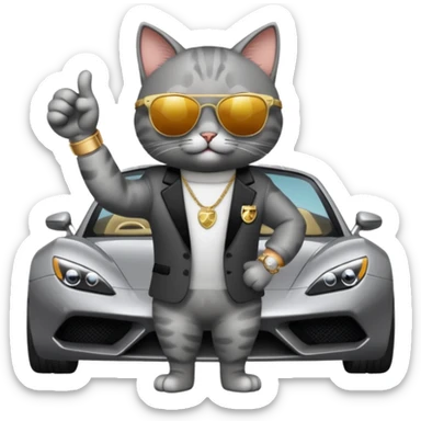 cat wearing sunglasses and a watch giving a thumbs up next to a fancy car sticker
