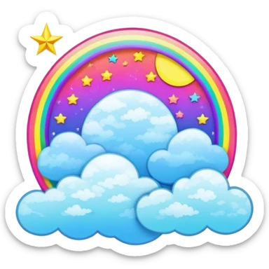 Beveled button with Neon rainbow colored damask style full moon with stars and clouds in the center sticker