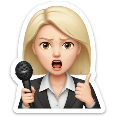 a office woman presenting her idea with microphone
a manager yelling in anger
the office woman stops and fears sticker