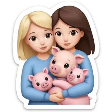 Girlfriends, blonde and brunette, hugging each other with a teddy bear and a little pig sticker