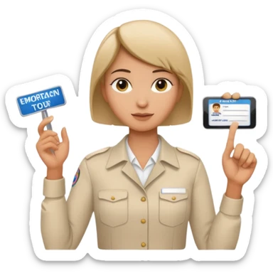 A young short-haired female tour guide wore a white shirt and showed everyone her license, which was horizontal. sticker