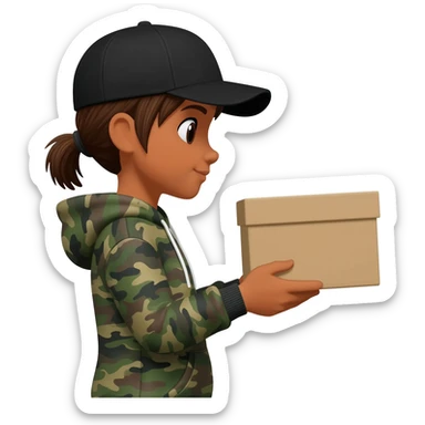 A tan skin girl with short hair tied back in a pony tail wearing a black baseball hat and a camo hoodie holding a box sticker