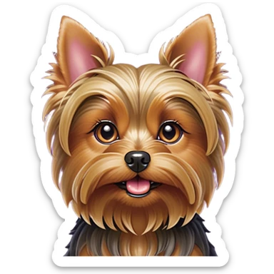 Cinematic Comical Yorkshire Terrier Portrait Emoji, Head tilted dramatically with an exaggeratedly surprised, comical expression and wide, expressive eyes, featuring a perky, well-groomed fur in rich hues, simplified yet hilariously detailed, glowing with a bold, sassy radiance, high shine, exuding playful mischief and cheeky terrier attitude, styled with a soft glowing outline, capturing the essence of a Yorkshire Terrier that appears ready to comically dash out of the frame! sticker