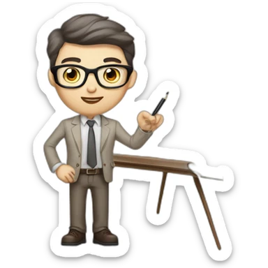 Pale skinned fit man with dark brown hair in gray jacket, beige office shirt, brown tie, brown pants and vintage glasses Writing on the flipchart sticker