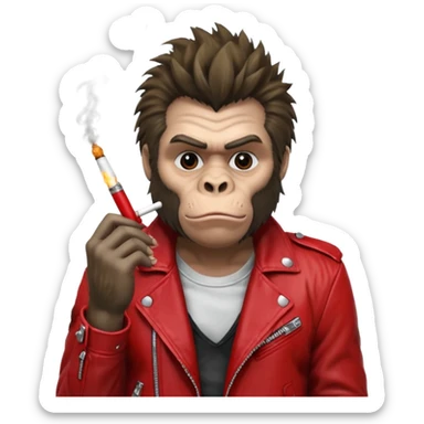 gorilla dressed as Tyler Durden, tousled hair, cigarette, punk-inspired red leather jacket sticker