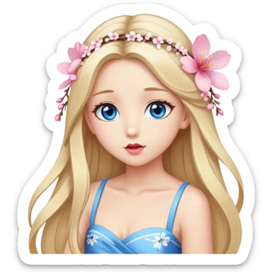 Girl with long blond hair and sakura accessories on her hair with a long tailed dress on the floor and have blue eyes beautiful finish and she sending lovely kisses  sticker