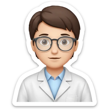 Portrait of a young scientist wearing a white lab coat, glasses sticker