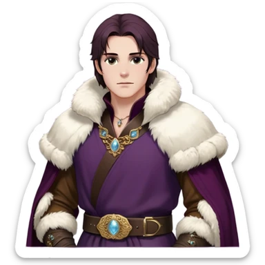 Medieval winter outfit worn by a DnD themed fantasy male character. Thick deep plum wool tunic with ermine fur trim at collar and sleeves, fastened with intricate gold-plated clasps and a heavy tooled leather belt. Clothes only above the waist, full waist coverage. The character has no arms. Character is white-skinned with dark auburn hair, misty gray eyes, and shoulder-length hair with crystalline frost at the tips. sticker