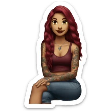 Beautiful tattooed burgundy long haired woman sitting on a bench sticker