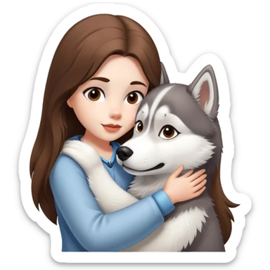 Girl white Brown long hair make a hug to a husky white and grey  sticker