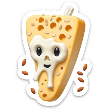 A glowing white bone surrounded by calcium-rich foods: shredded cheese, natural yogurt, sesame seeds and almonds beside a single bone sticker